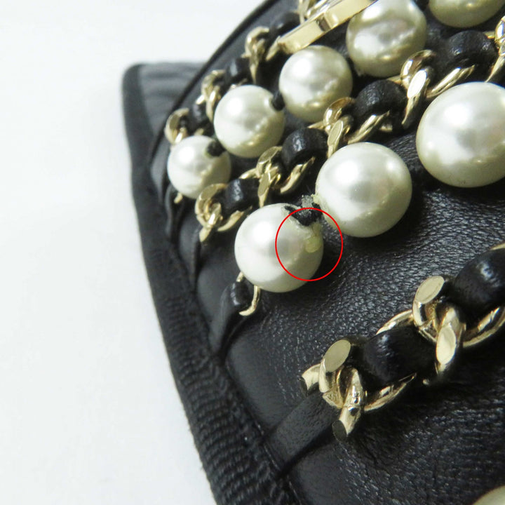 Pristine CHANEL Sandals COCO Mark F Pearl Chain Flat black leather Women L