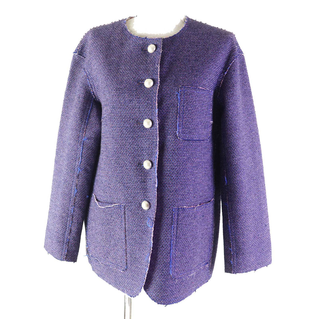 Great CHANEL Jacket COCO Mark Button Cut-off Tweed Metallic Blue pink Women 40 P45867