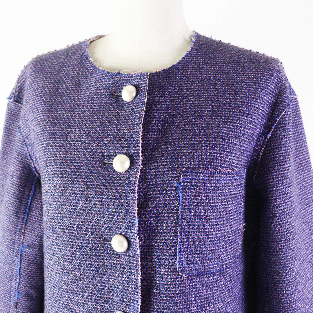 Great CHANEL Jacket COCO Mark Button Cut-off Tweed Metallic Blue pink Women 40 P45867