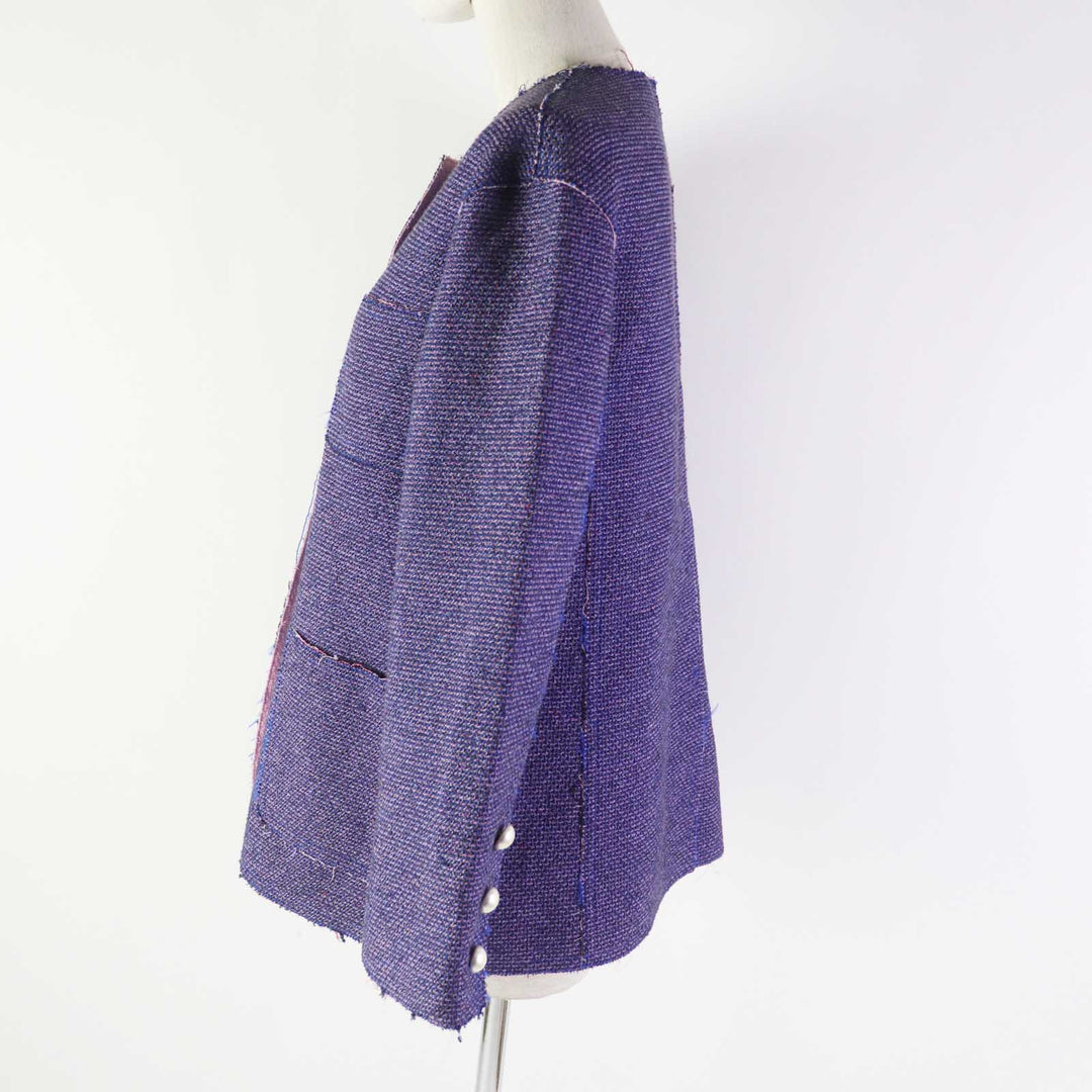 Great CHANEL Jacket COCO Mark Button Cut-off Tweed Metallic Blue pink Women 40 P45867
