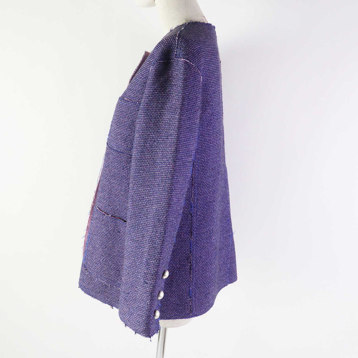 Great CHANEL Jacket COCO Mark Button Cut-off Tweed Metallic Blue pink Women 40 P45867
