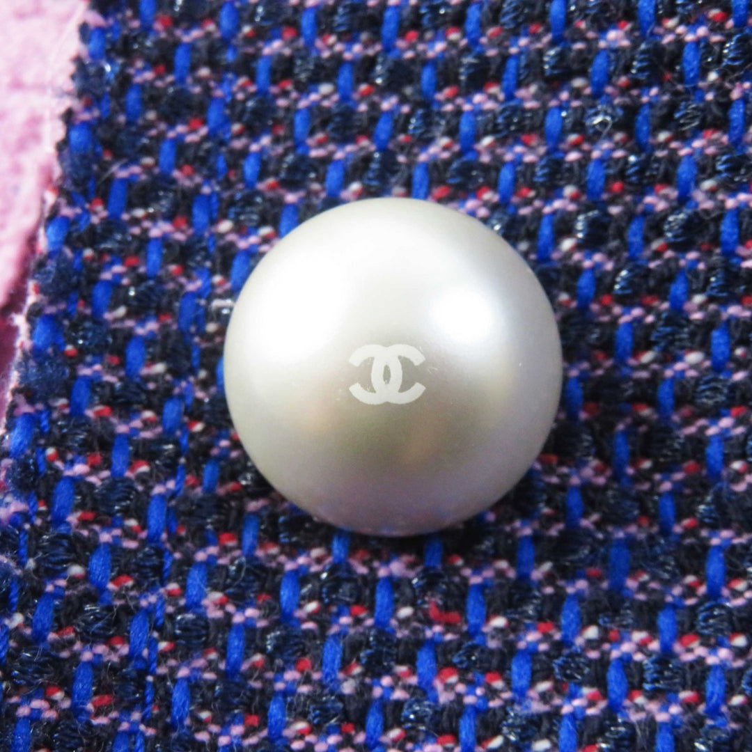 Great CHANEL Jacket COCO Mark Button Cut-off Tweed Metallic Blue pink Women 40 P45867