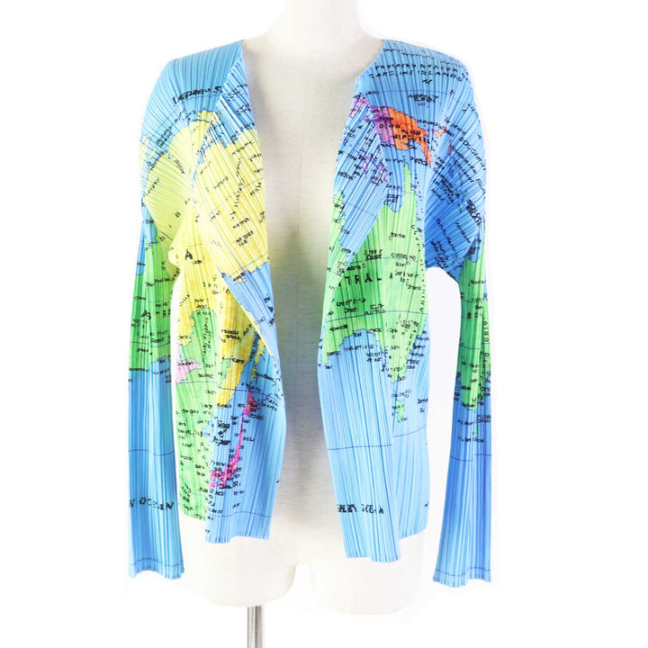 Excellent PLEATS PLEASE cardigan Pattern World Map light blue multi 4 PP81-J0594
