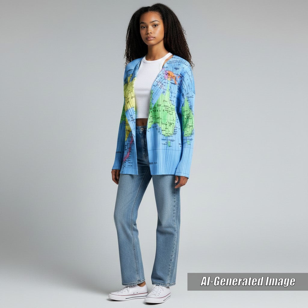 Excellent PLEATS PLEASE cardigan Pattern World Map light blue multi 4 PP81-J0594