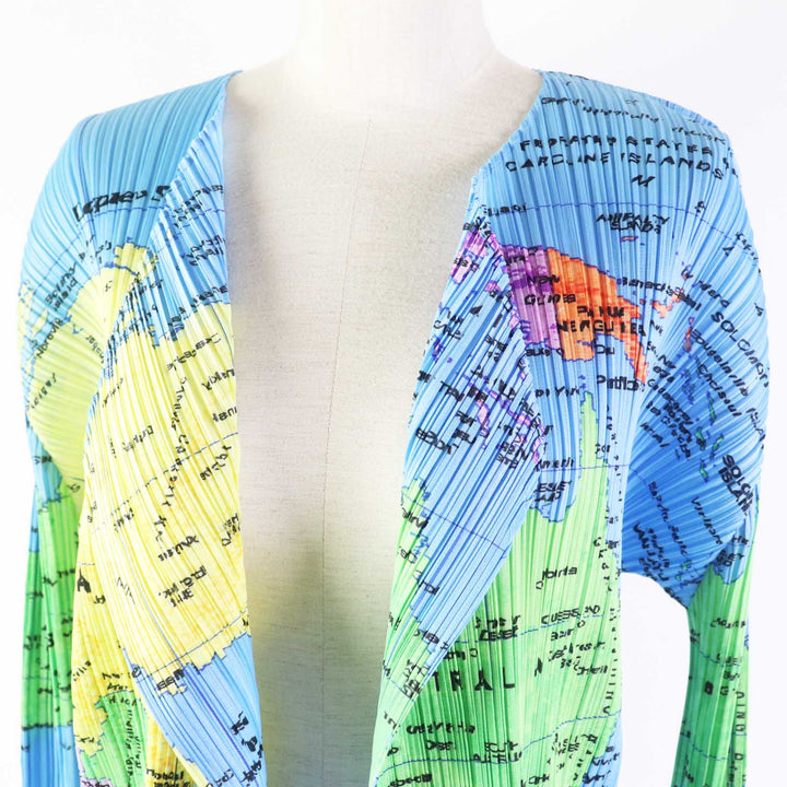 Excellent PLEATS PLEASE cardigan Pattern World Map light blue multi 4 PP81-J0594