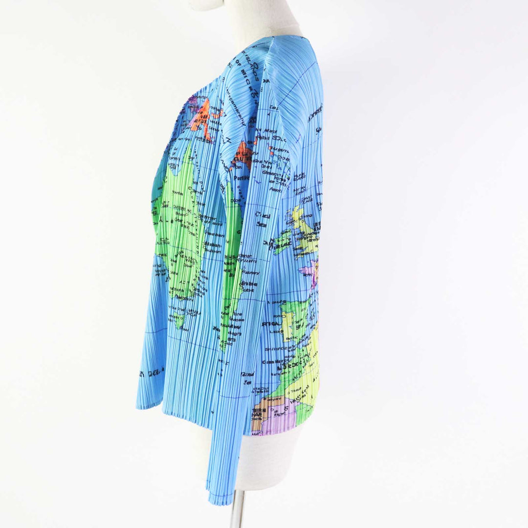 Excellent PLEATS PLEASE cardigan Pattern World Map light blue multi 4 PP81-J0594