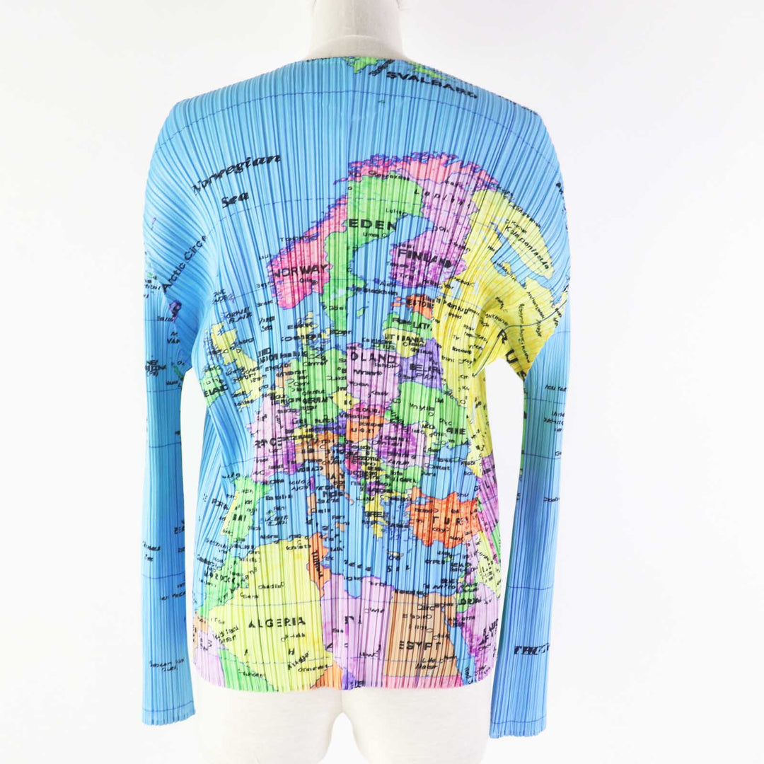 Excellent PLEATS PLEASE cardigan Pattern World Map light blue multi 4 PP81-J0594