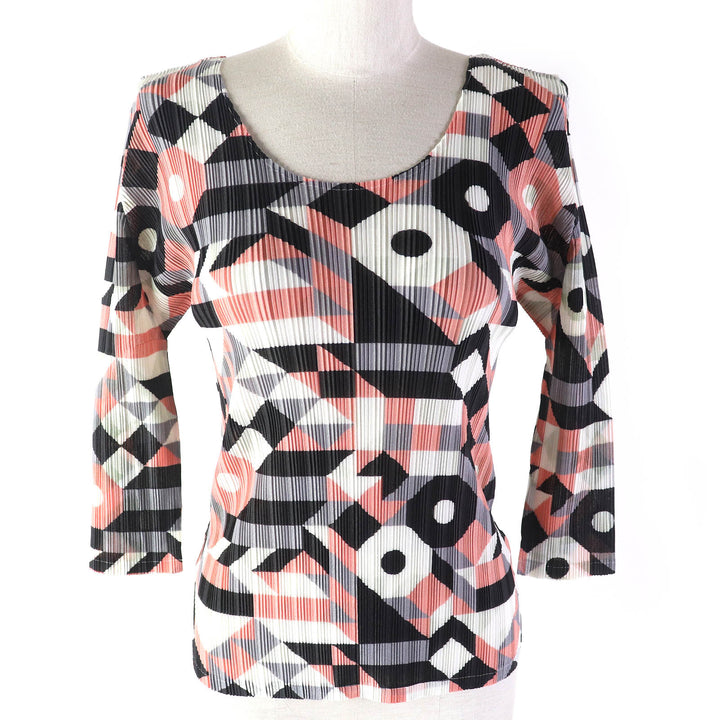 Excellent PLEATS PLEASE T-shirt Geometric pattern All-over design Crew neck 3/4 sleeves multicolor polyester Women 3 PP33-FK342