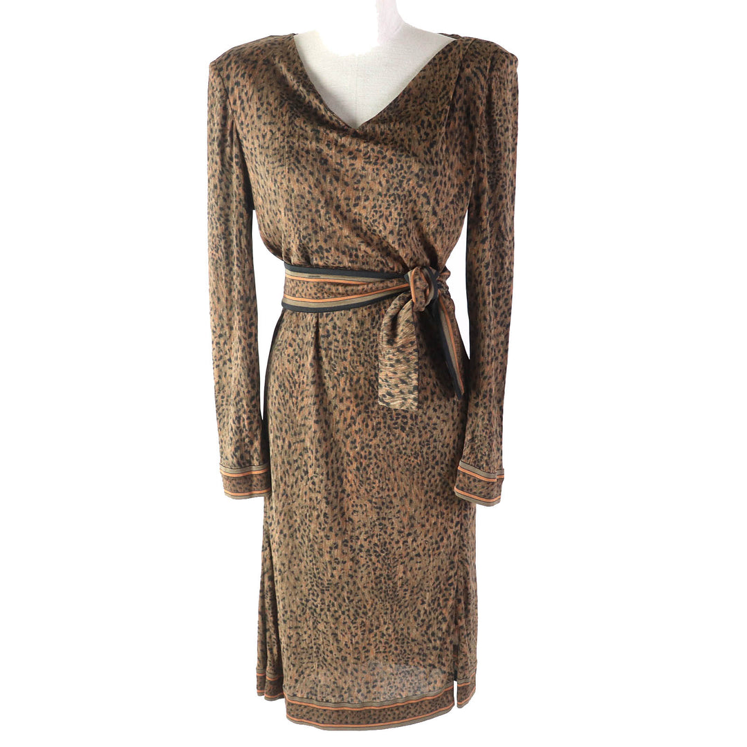 Excellent LEONARD FASHION one piece Belted Leopard Pattern Long Sleeve Brown silk Women 46