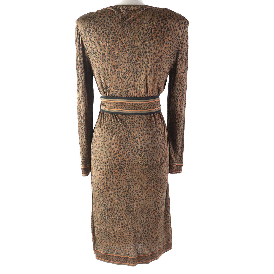 Excellent LEONARD FASHION one piece Belted Leopard Pattern Long Sleeve Brown silk Women 46