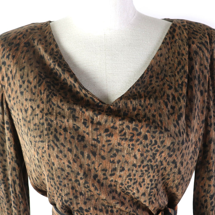 Excellent LEONARD FASHION one piece Belted Leopard Pattern Long Sleeve Brown silk Women 46