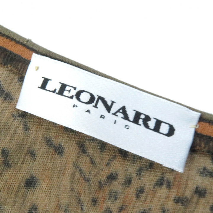 Excellent LEONARD FASHION one piece Belted Leopard Pattern Long Sleeve Brown silk Women 46