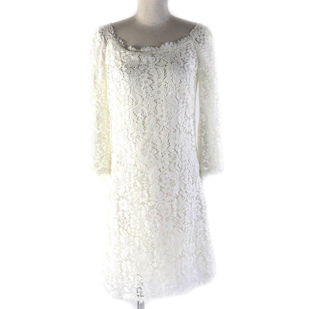 Excellent DOLCE&GABBANA one piece Black tag, silk lining, floral lace design, 3/4 sleeves white cotton Women 40 F6VC6T