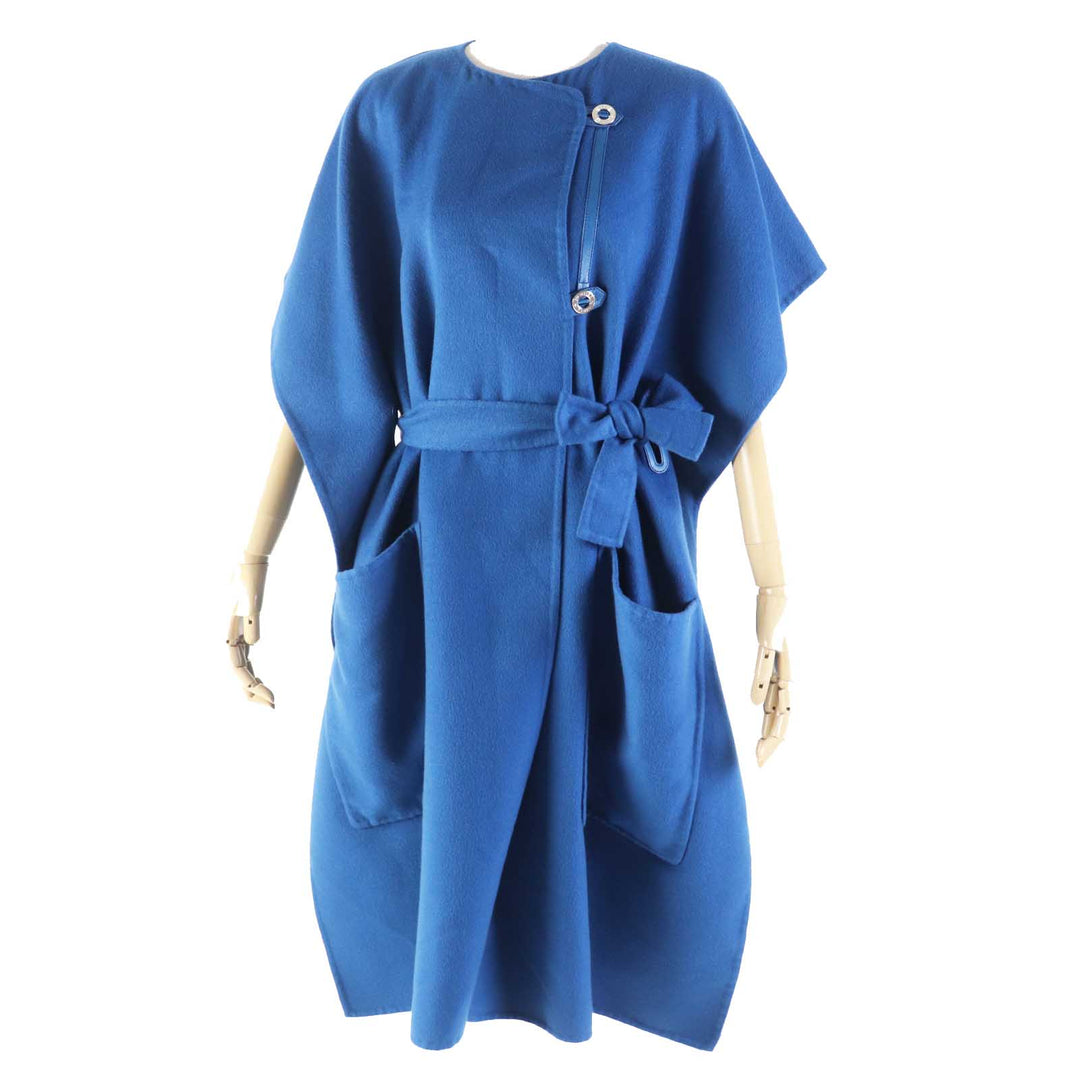 Pristine HERMES coat Serie button, belted, no collar, long blue cashmere Women38