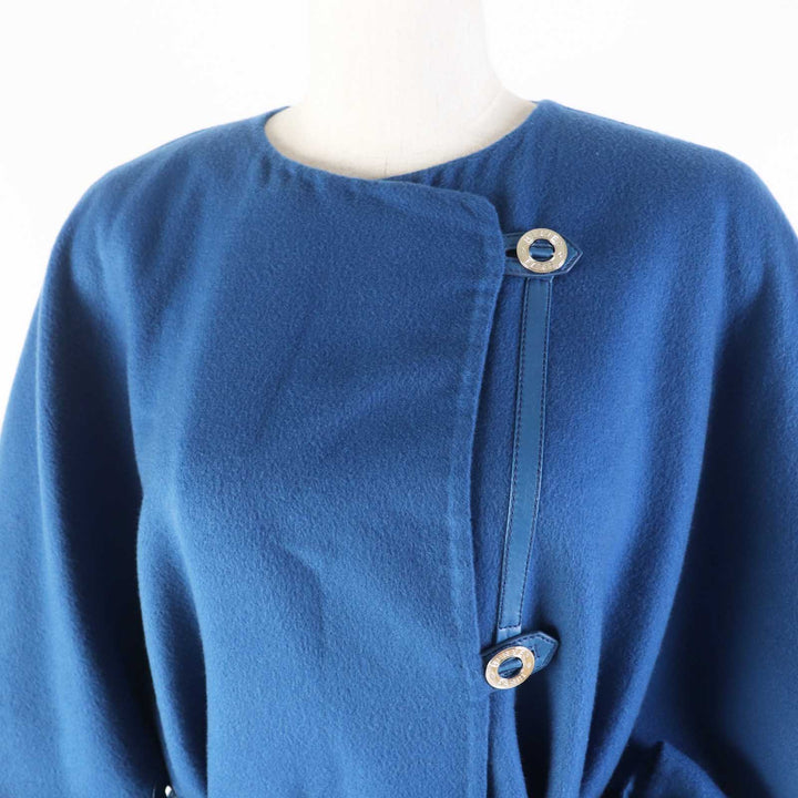 Pristine HERMES coat Serie button, belted, no collar, long blue cashmere Women38