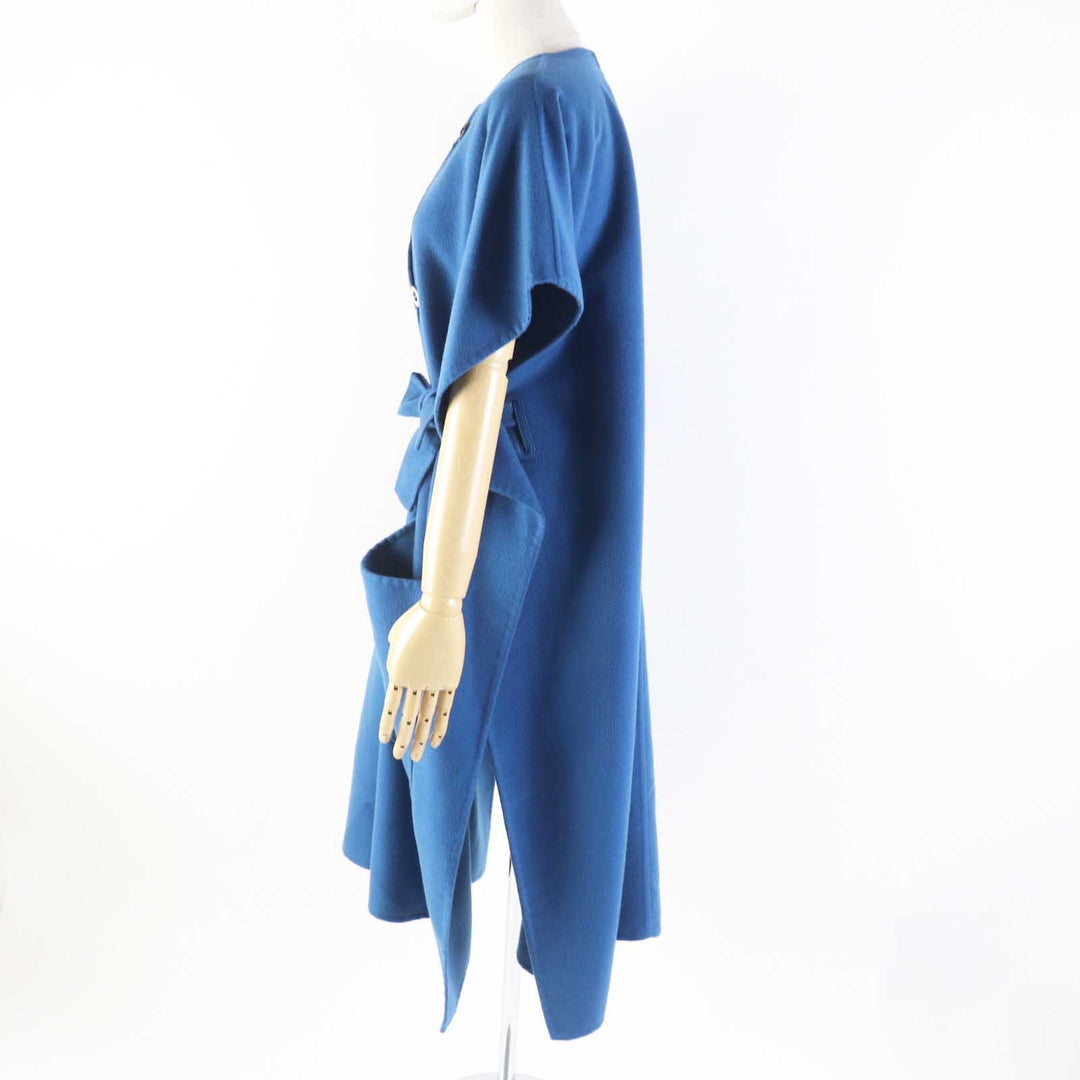 Pristine HERMES coat Serie button, belted, no collar, long blue cashmere Women38