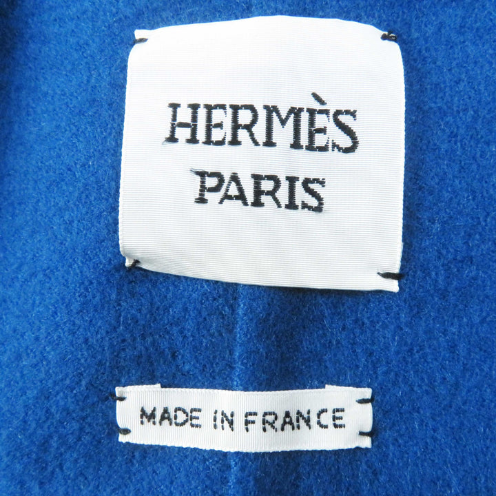 Pristine HERMES coat Serie button, belted, no collar, long blue cashmere Women38 2E0136DG
