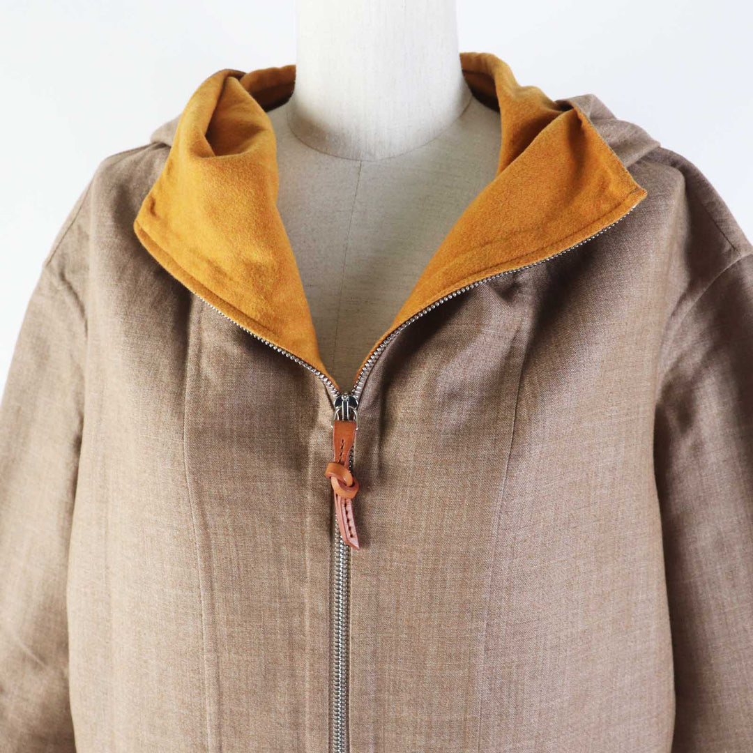 HERMES coat hooded zip-up long coat Brown Mustard cashmere Women 32 3E0105DC