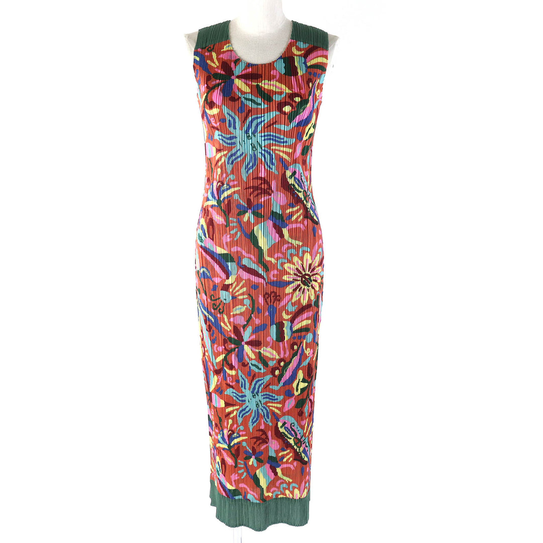 Excellent PLEATS PLEASE one piece Sun, peacock, goat, animal, rare print, sleeveless, long multicolor polyester Women 5 PP63-JH585
