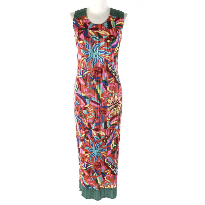 Excellent PLEATS PLEASE one piece Sun, peacock, goat, animal, rare print, sleeveless, long multicolor polyester Women 5 PP63-JH585