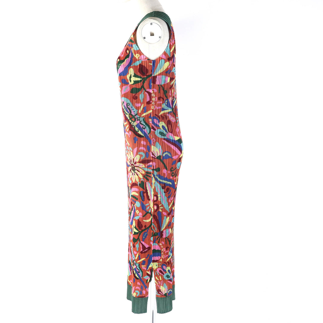 Excellent PLEATS PLEASE one piece Sun, peacock, goat, animal, rare print, sleeveless, long multicolor polyester Women 5 PP63-JH585