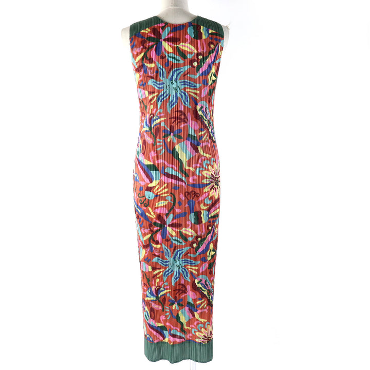 Excellent PLEATS PLEASE one piece Sun, peacock, goat, animal, rare print, sleeveless, long multicolor polyester Women 5 PP63-JH585