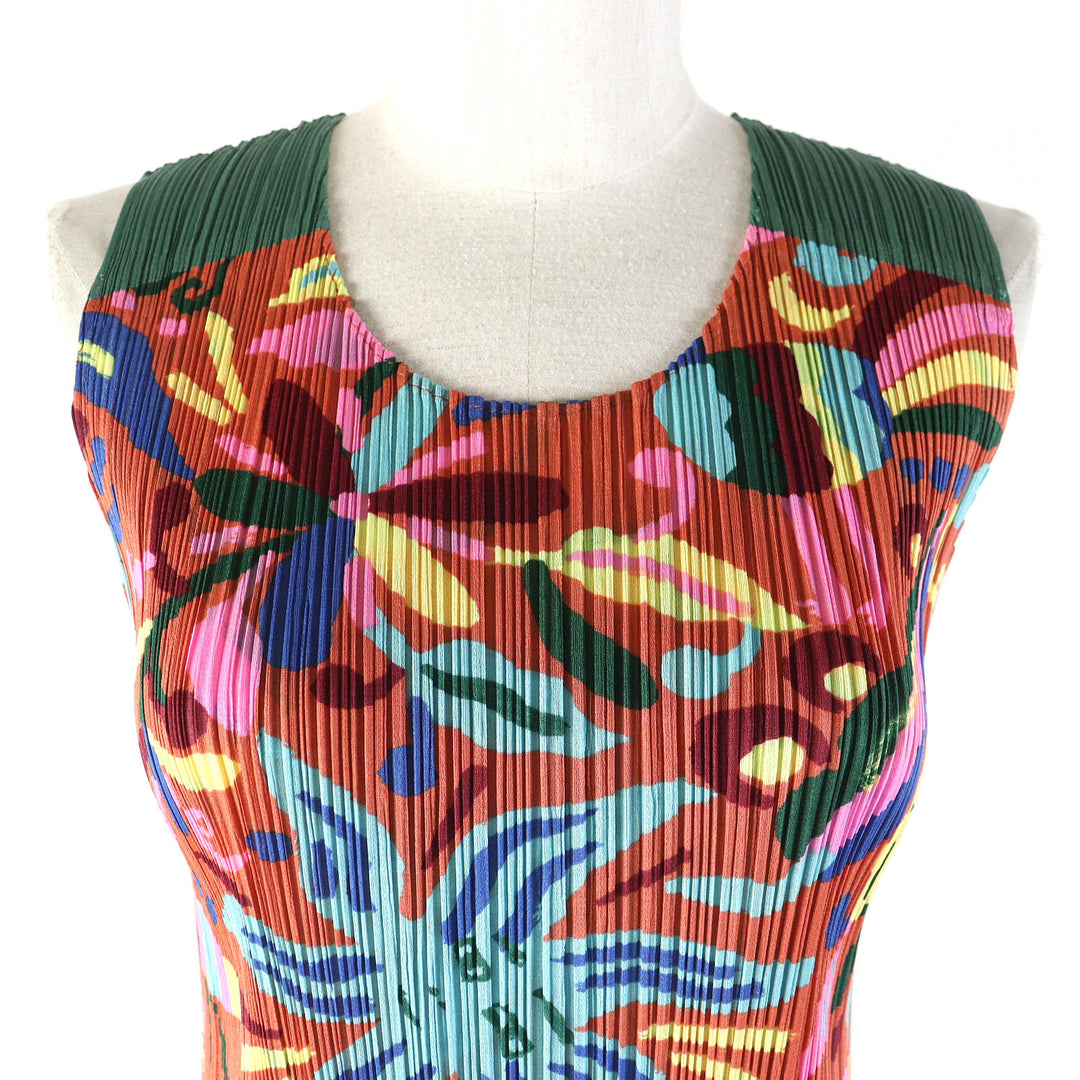 Excellent PLEATS PLEASE one piece Sun, peacock, goat, animal, rare print, sleeveless, long multicolor polyester Women 5 PP63-JH585