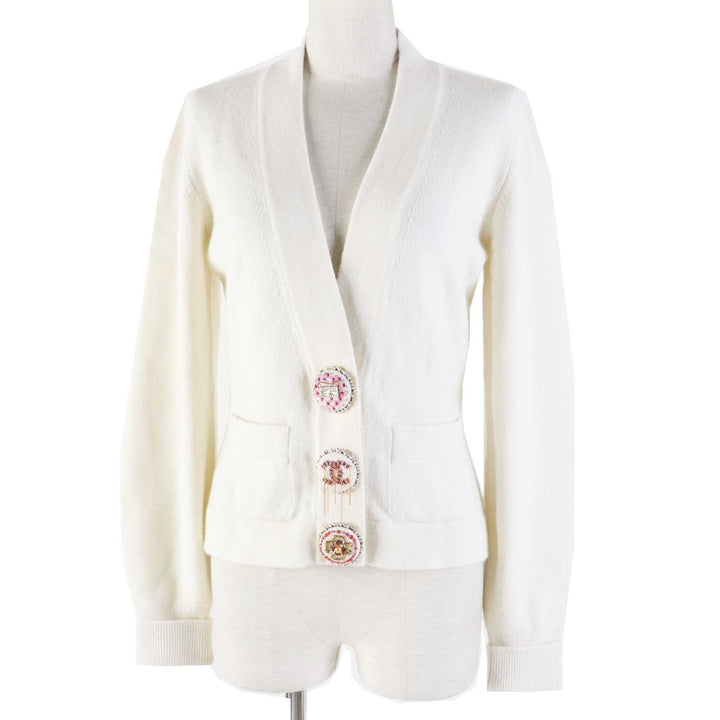 Excellent CHANEL cardigan with decorative COCO Mark buttons white cashmere Women 34 P73102