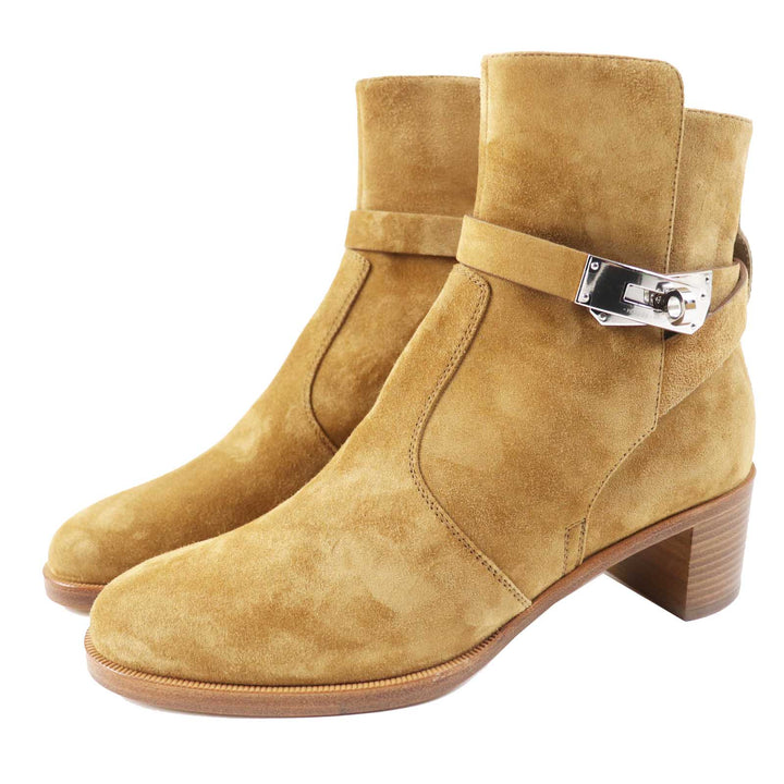 Pristine HERMES short boots Frenchie 50 Veau Velvet Suede Brown beige Women 35.5