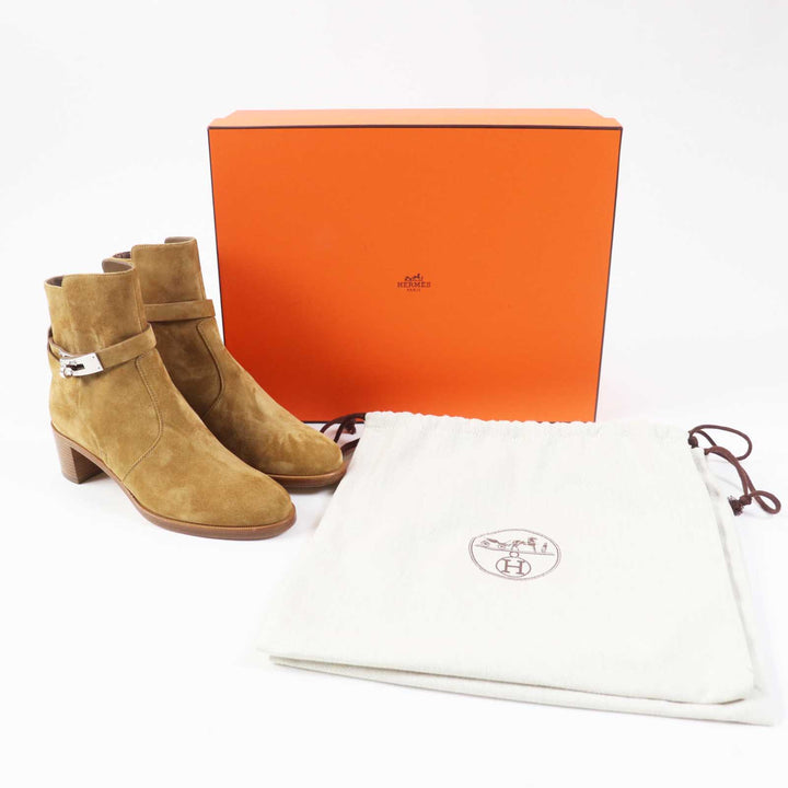 Pristine HERMES short boots Frenchie 50 Veau Velvet Suede Brown beige Women 35.5