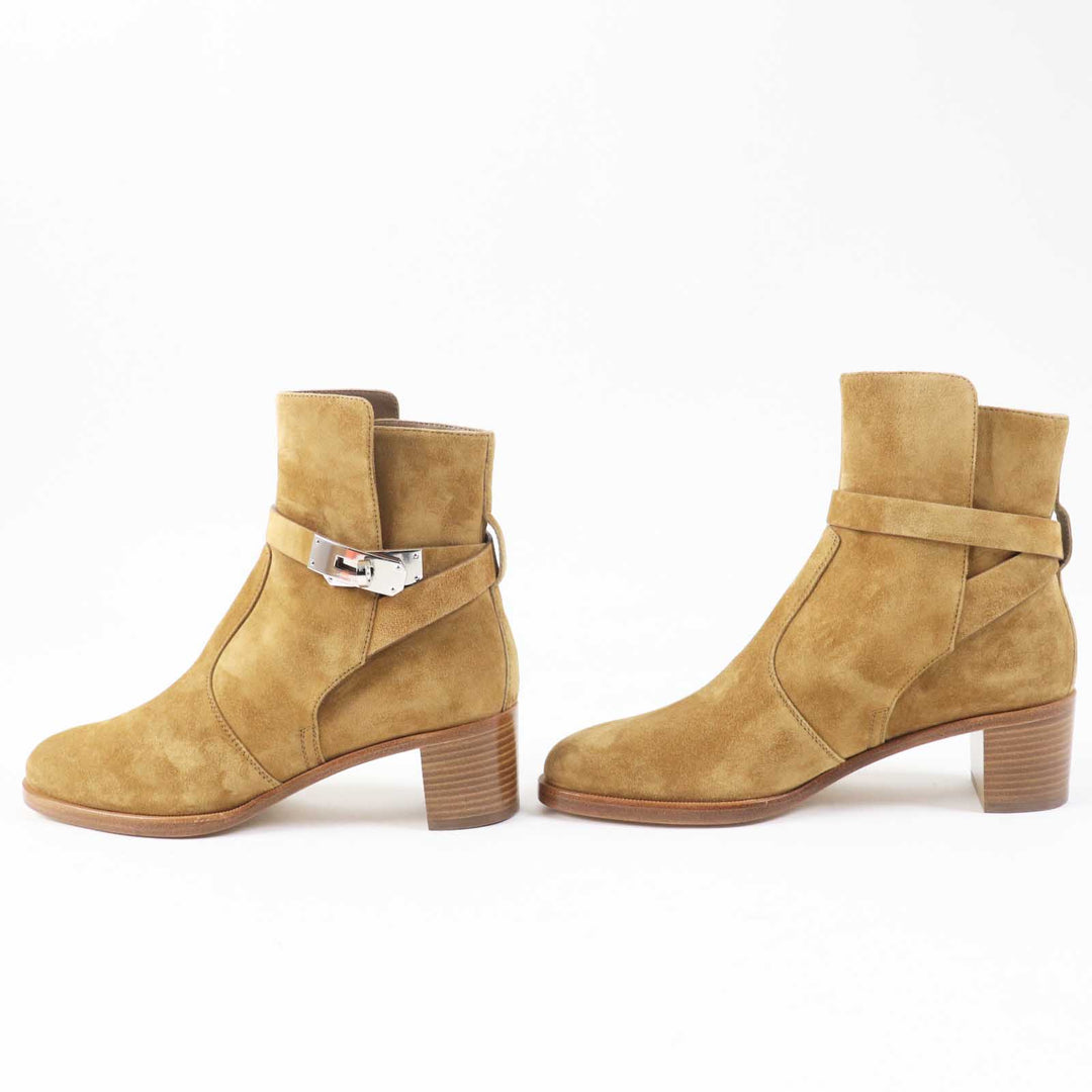 Pristine HERMES short boots Frenchie 50 Veau Velvet Suede Brown beige Women 35.5
