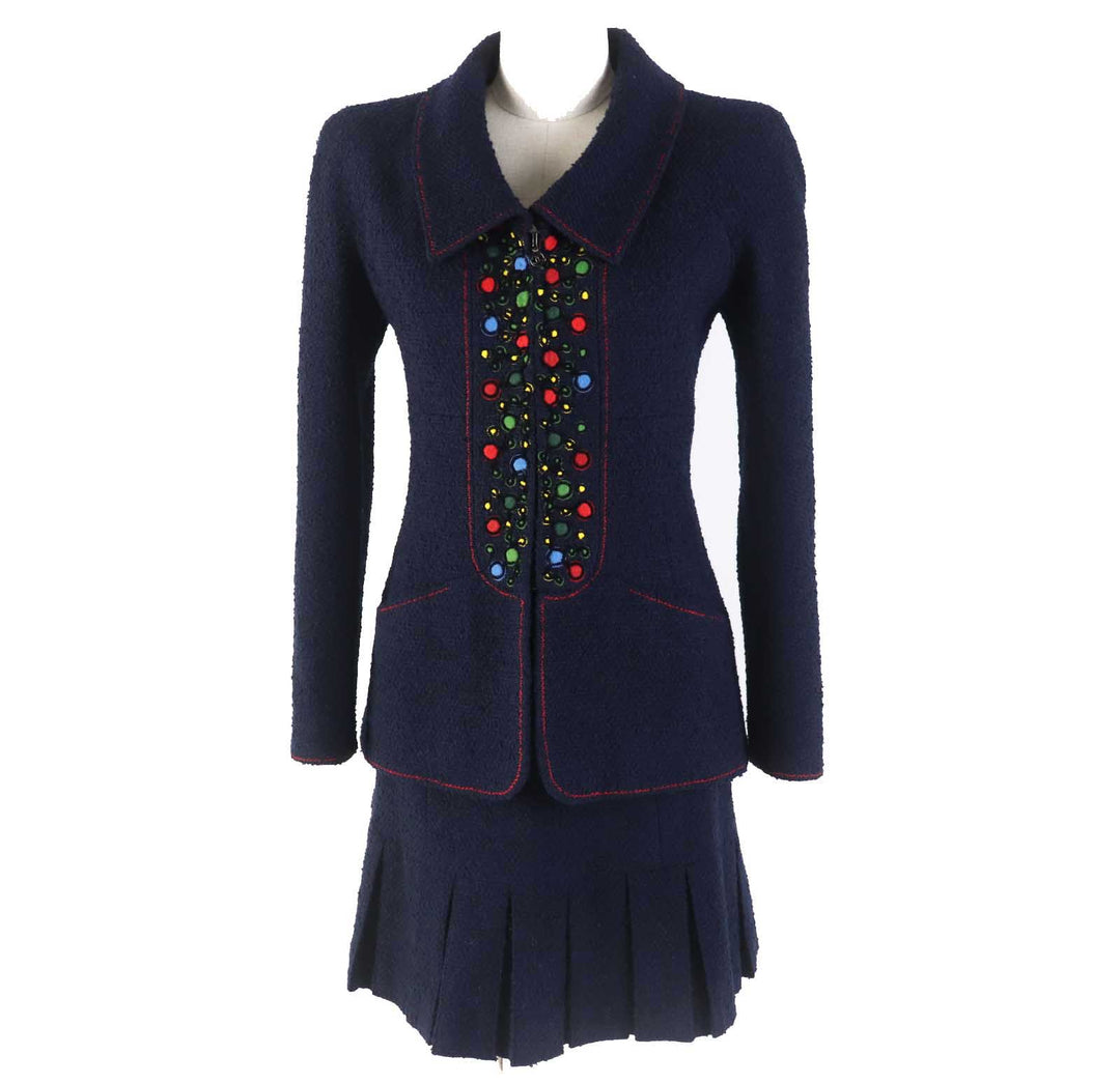 Great CHANEL setup Solid color tweed Navy wool Women 97A P09685