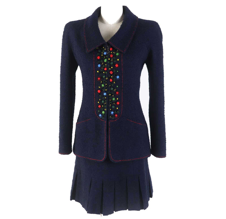 Great CHANEL setup Solid color tweed Navy wool Women 97A P09685
