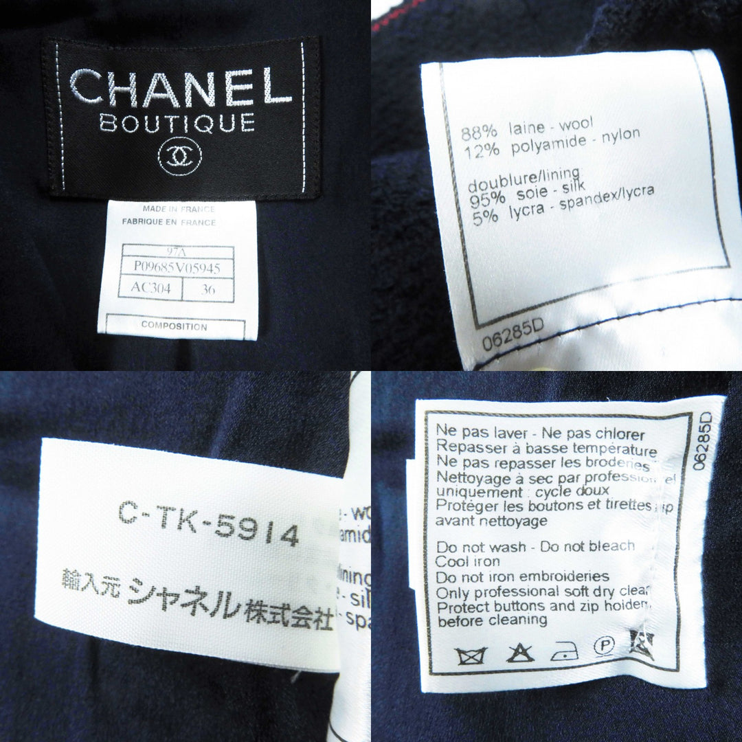 Great CHANEL setup Solid color tweed Navy wool Women 97A P09685