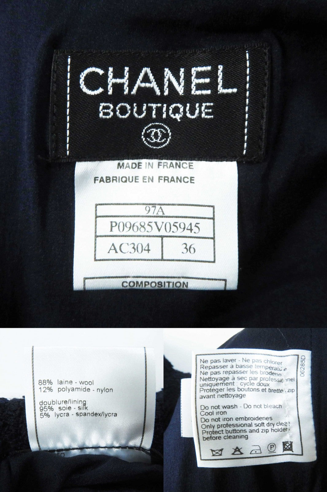 Great CHANEL setup Solid color tweed Navy wool Women 97A P09685