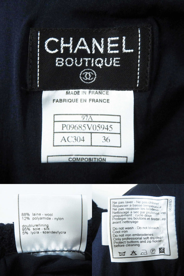 Great CHANEL setup Solid color tweed Navy wool Women 97A P09685