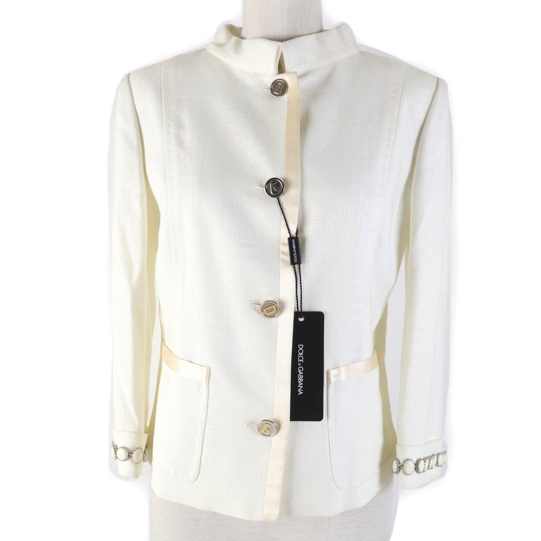 Pristine DOLCE&GABBANA Jacket Logo button and sleeve stones Ivory Rayon Women 40