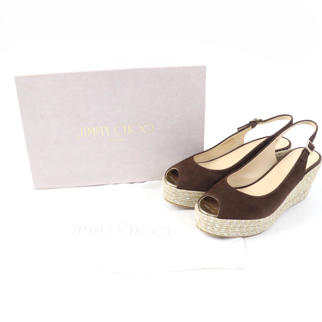 Excellent JIMMY CHOO Sandals PRAISE Open toe back strap wedge sole Brown Suede leather Women 38.5