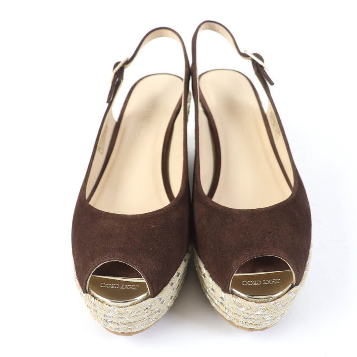 Excellent JIMMY CHOO Sandals PRAISE Open toe back strap wedge sole Brown Suede leather Women 38.5