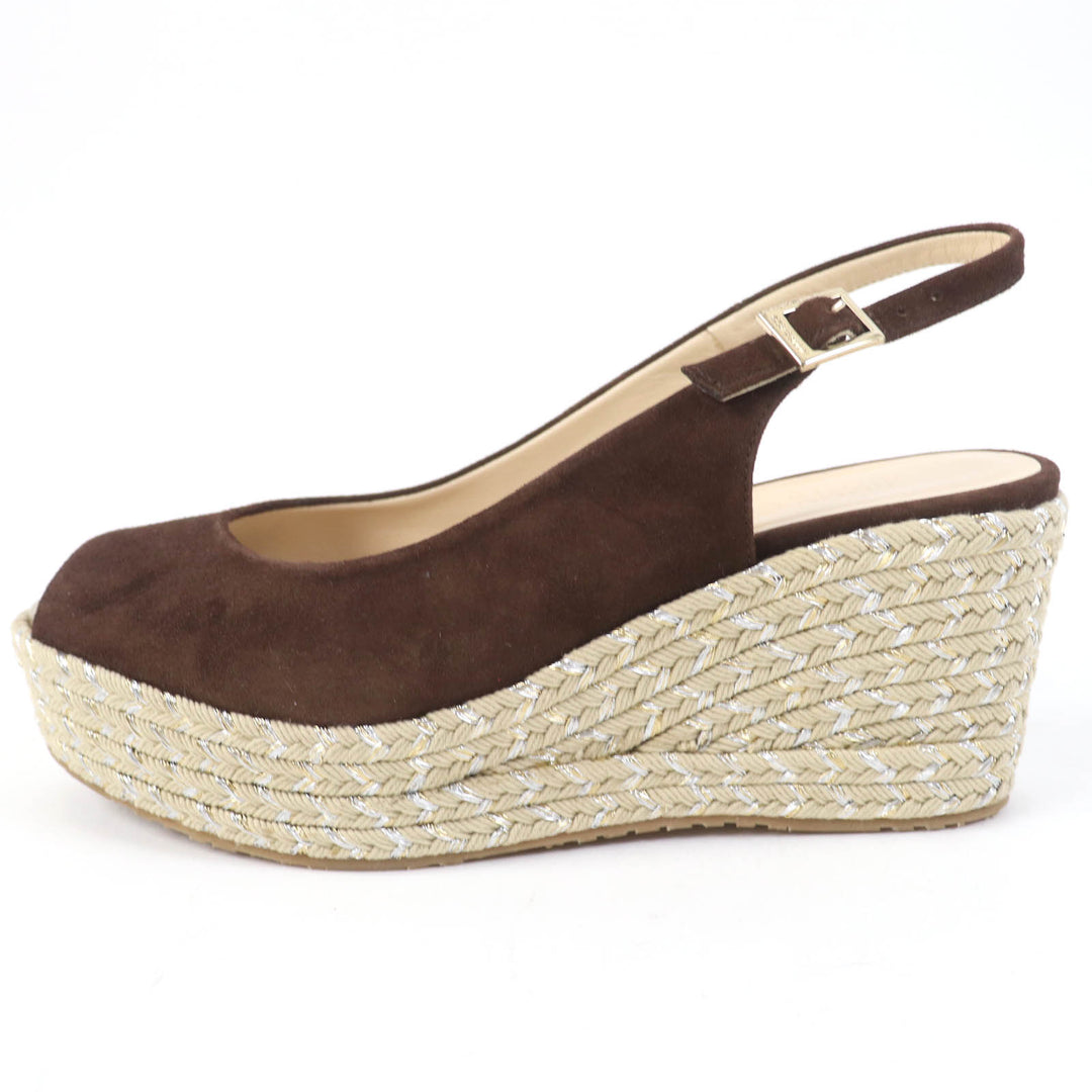 Excellent JIMMY CHOO Sandals PRAISE Open toe back strap wedge sole Brown Suede leather Women 38.5