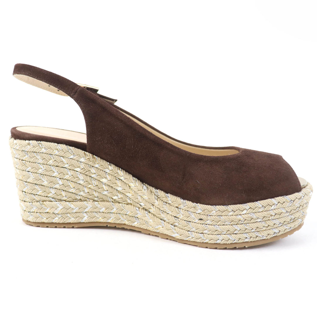 Excellent JIMMY CHOO Sandals PRAISE Open toe back strap wedge sole Brown Suede leather Women 38.5