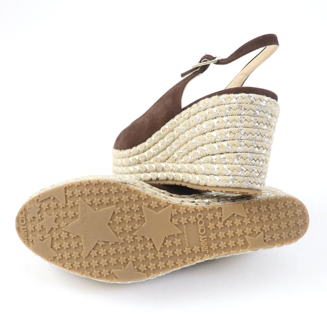 Excellent JIMMY CHOO Sandals PRAISE Open toe back strap wedge sole Brown Suede leather Women 38.5