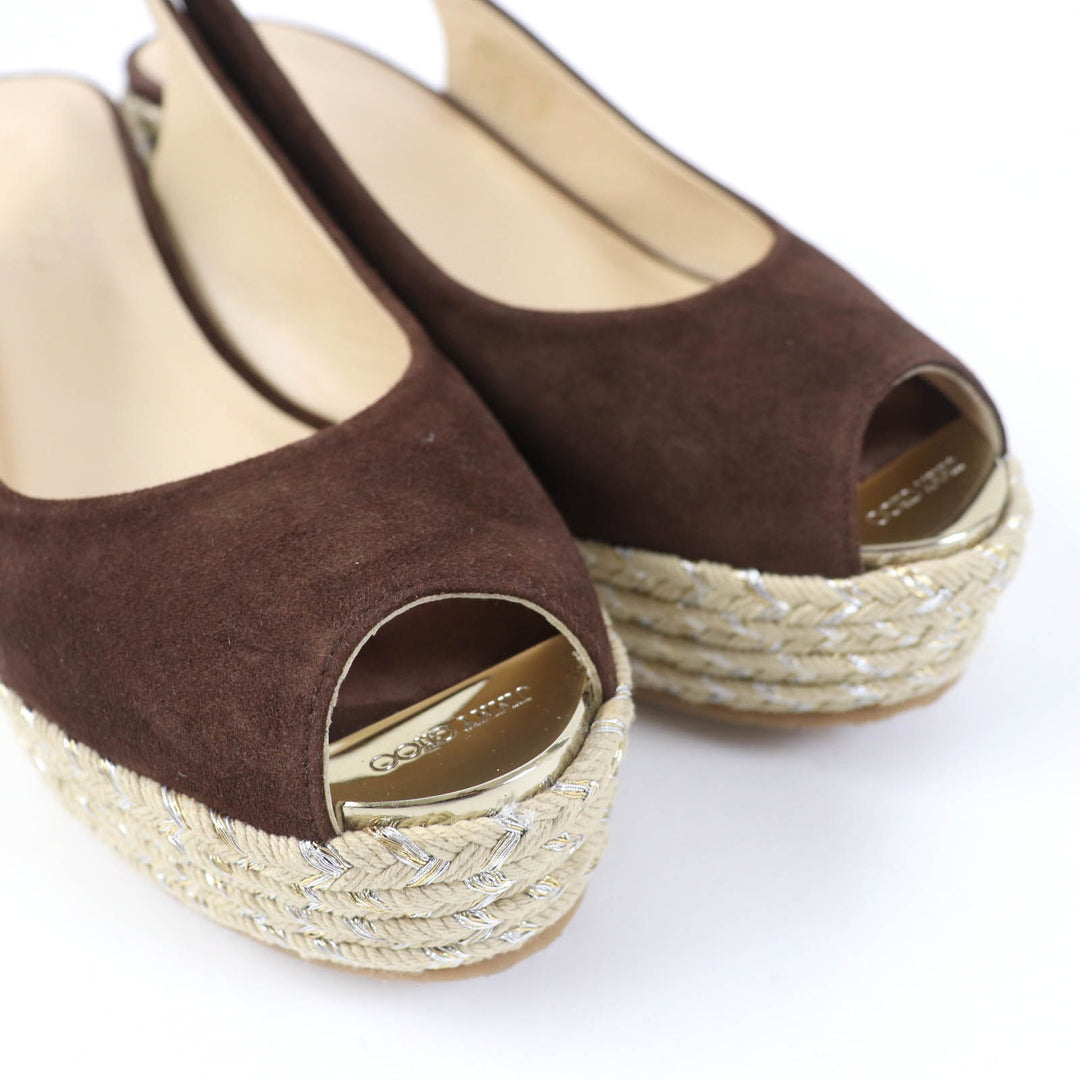 Excellent JIMMY CHOO Sandals PRAISE Open toe back strap wedge sole Brown Suede leather Women 38.5