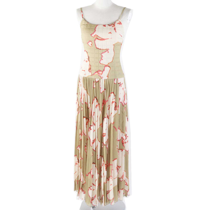 Excellent CHANEL one piece COCO Mark Khaki beige silk Women 36 00S P15722