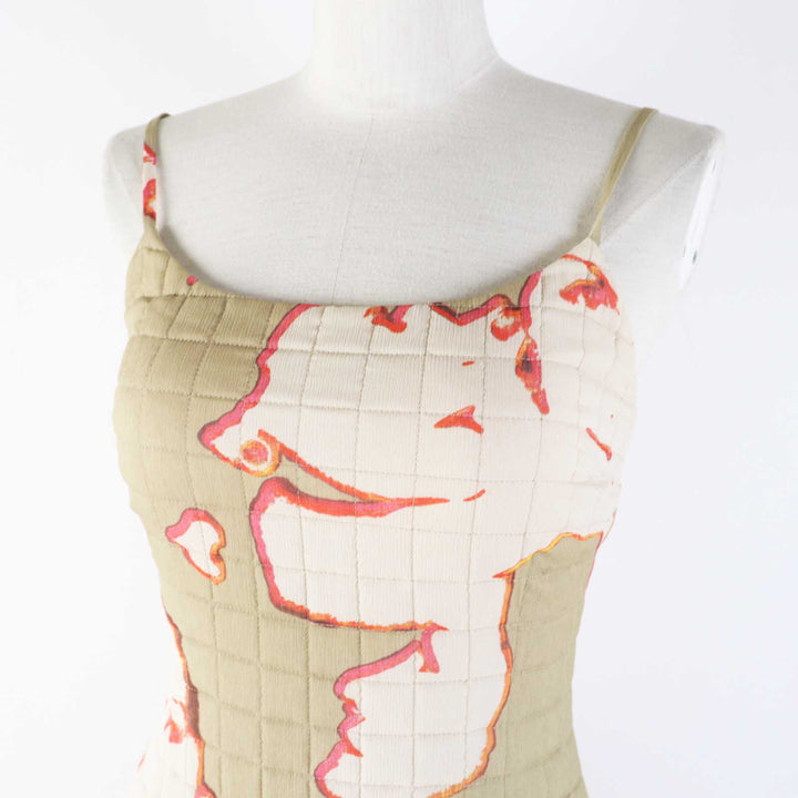 Excellent CHANEL one piece COCO Mark Khaki beige silk Women 36 00S P15722