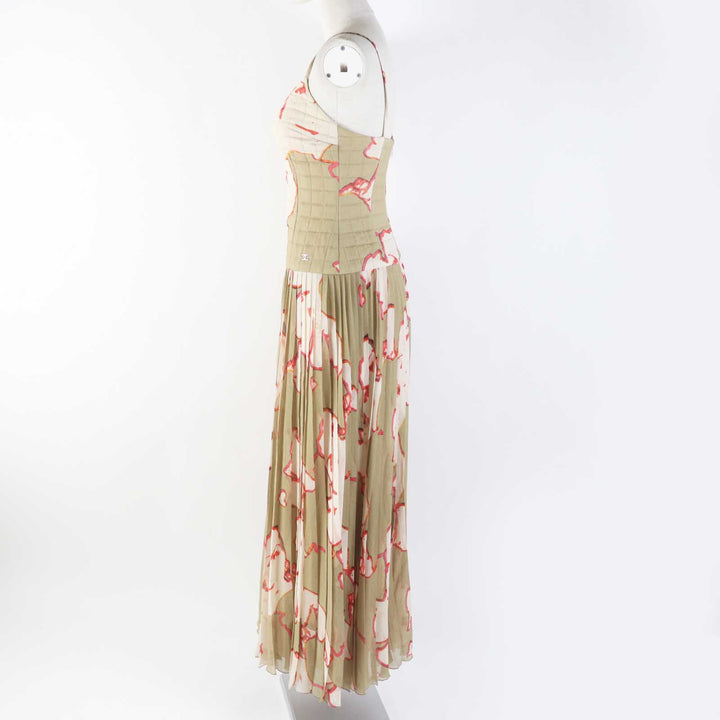 Excellent CHANEL one piece COCO Mark Khaki beige silk Women 36 00S P15722
