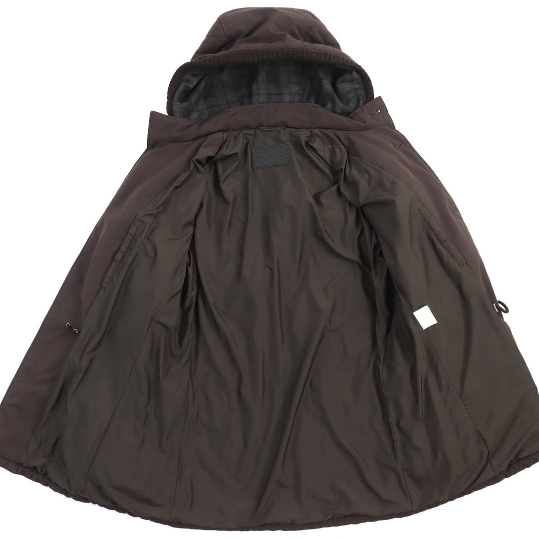 Great Salvatore Ferragamo coat Check trim logo button hooded Dark brown mens 48