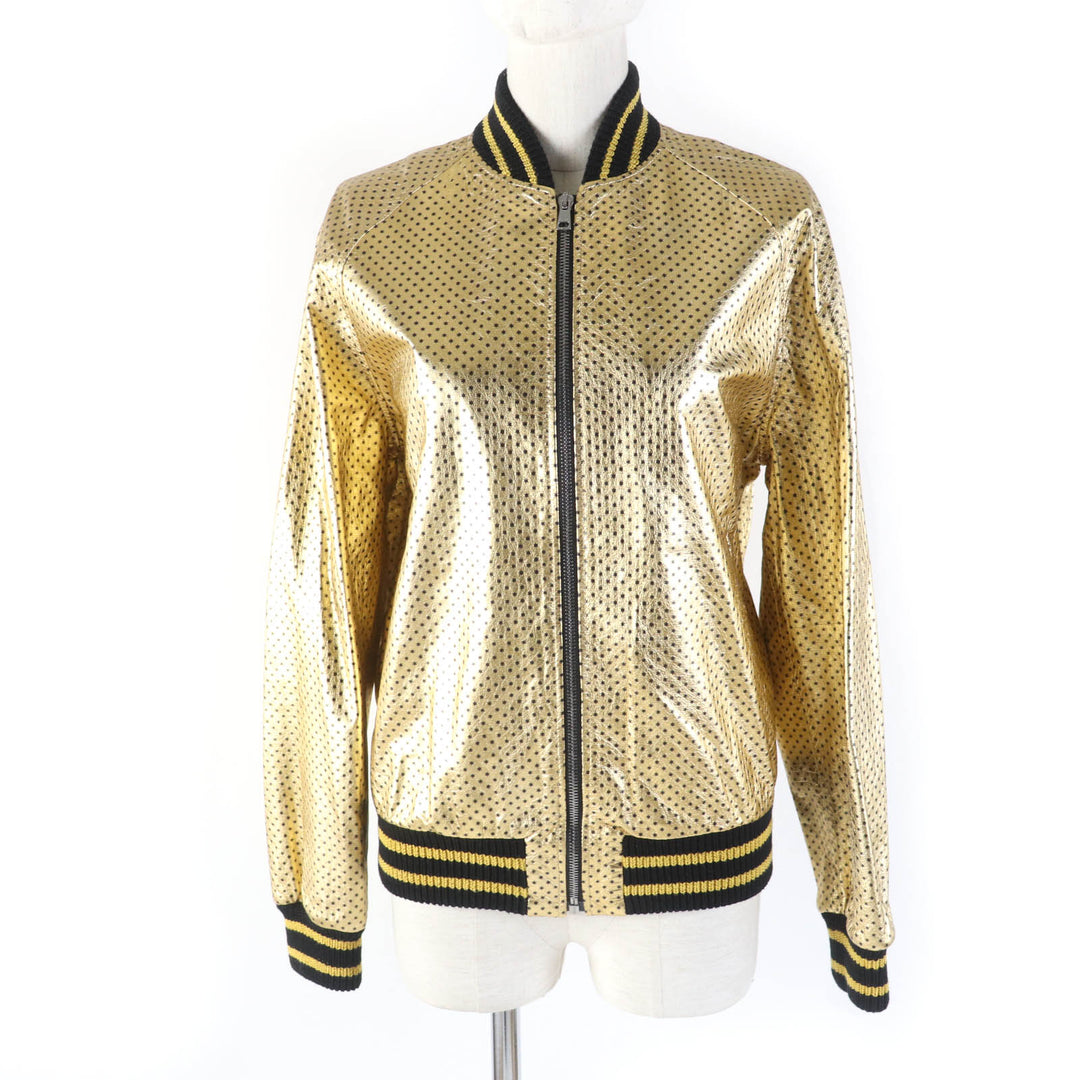Great GUCCI Bomber jacket Lambskin GUCCY back logo gold Sheep leather Women 38 519455