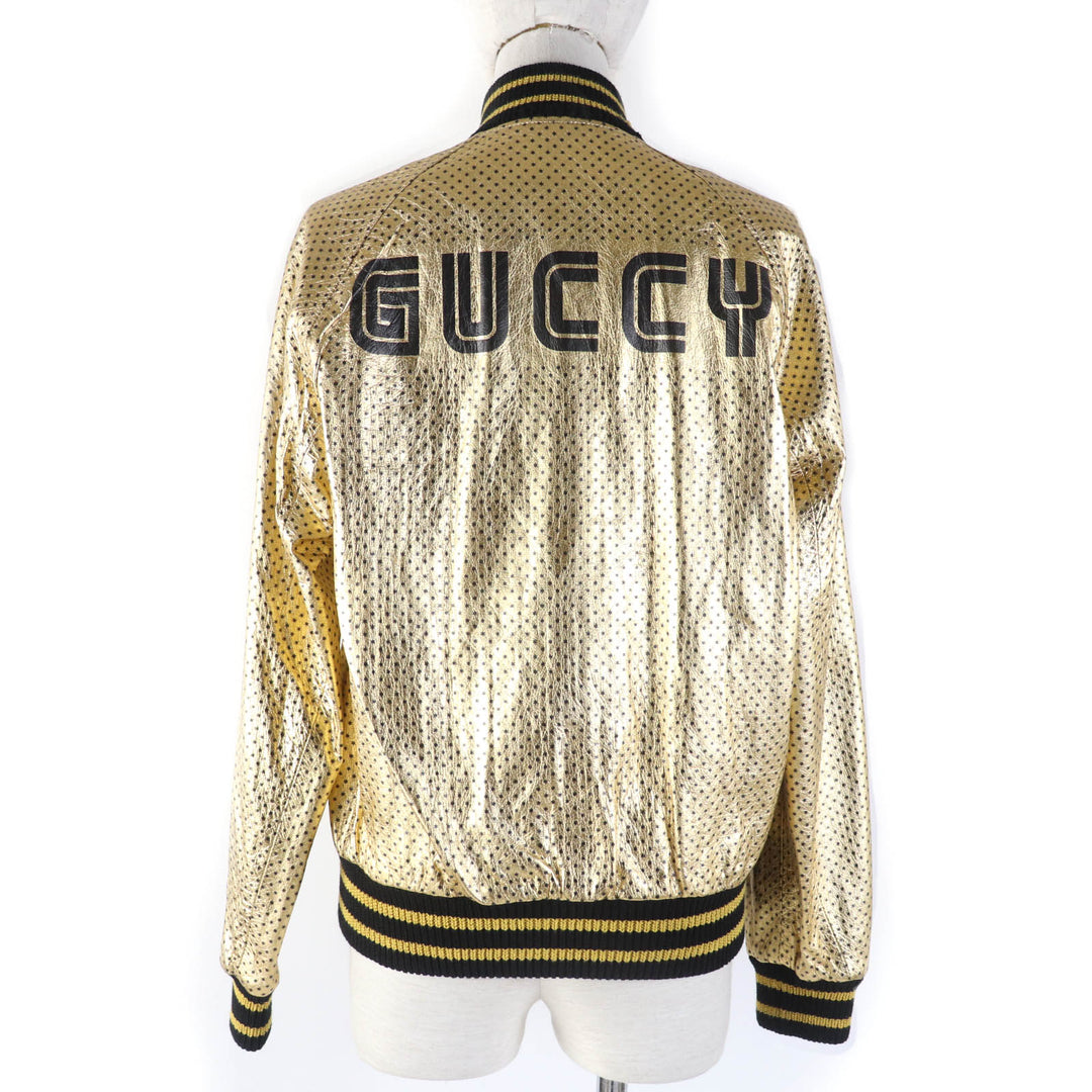Great GUCCI Bomber jacket Lambskin GUCCY back logo gold Sheep leather Women 38 519455