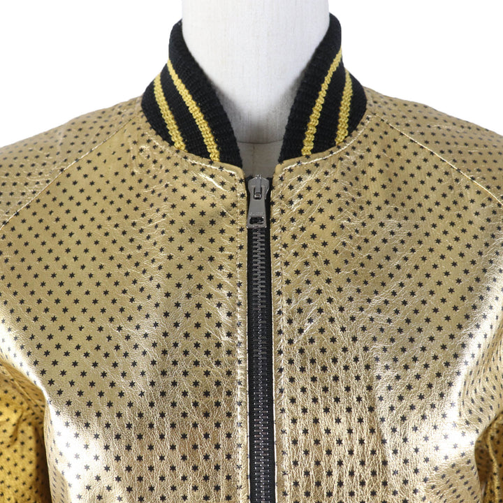 Great GUCCI Bomber jacket Lambskin GUCCY back logo gold Sheep leather Women 38 519455